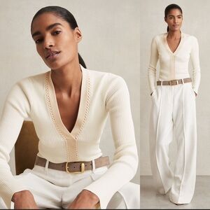 REISS ⭐️ “Lauri” craft-stitch rib-knit ivory top